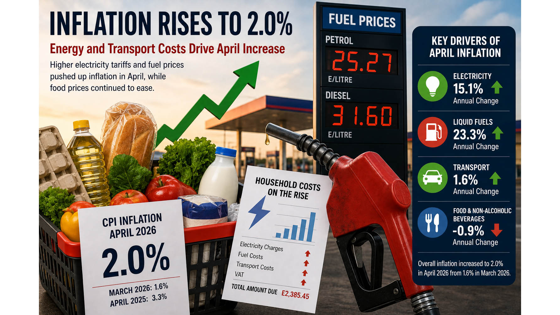 Eswatini’s inflation rate edged higher to 2.0 per cent in April 2026 from 1.6 per cent in March, signalling renewed price pressures in key sectors of the economy despite continued easing in food prices.